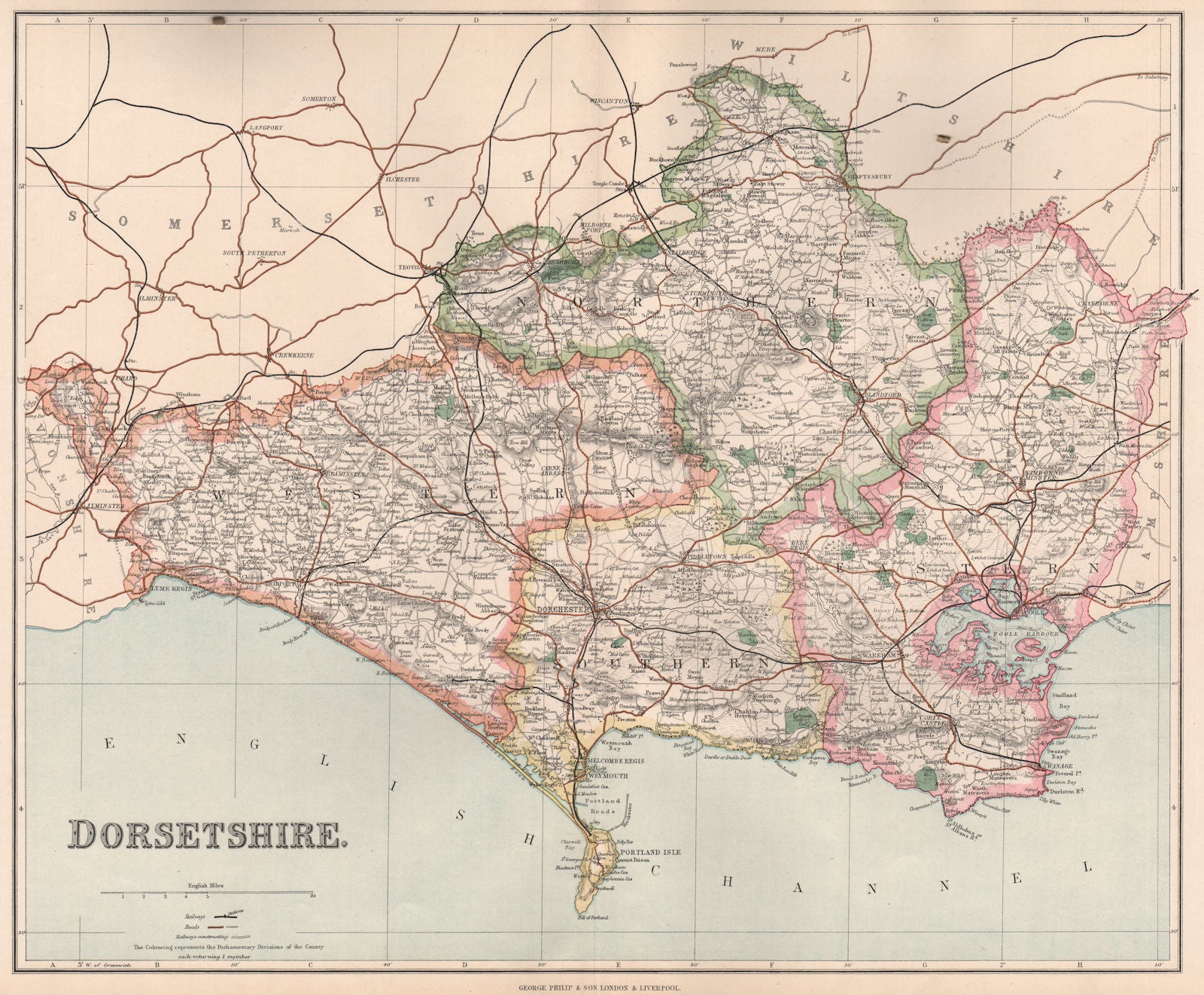 DORSETSHIRE. County map. Divisions & parliamentary boroughs. PHILIP 1902